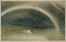 A rainbow, with cattle
